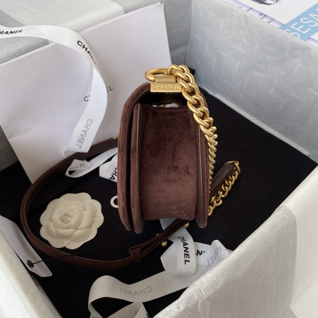 Chanel AS3350 Small BOY Messenger Bag Shearling Lambskin Brown