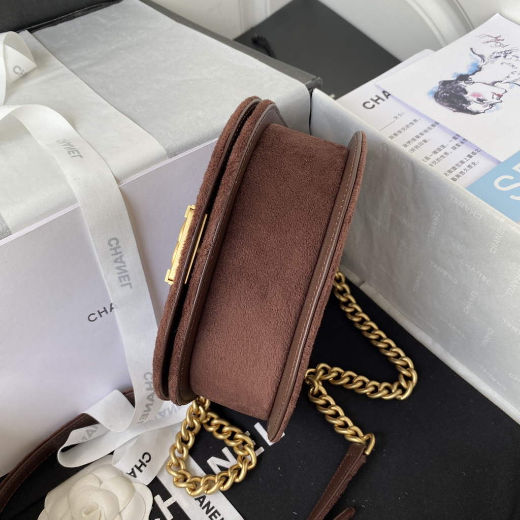 Chanel AS3350 Small BOY Messenger Bag Shearling Lambskin Brown