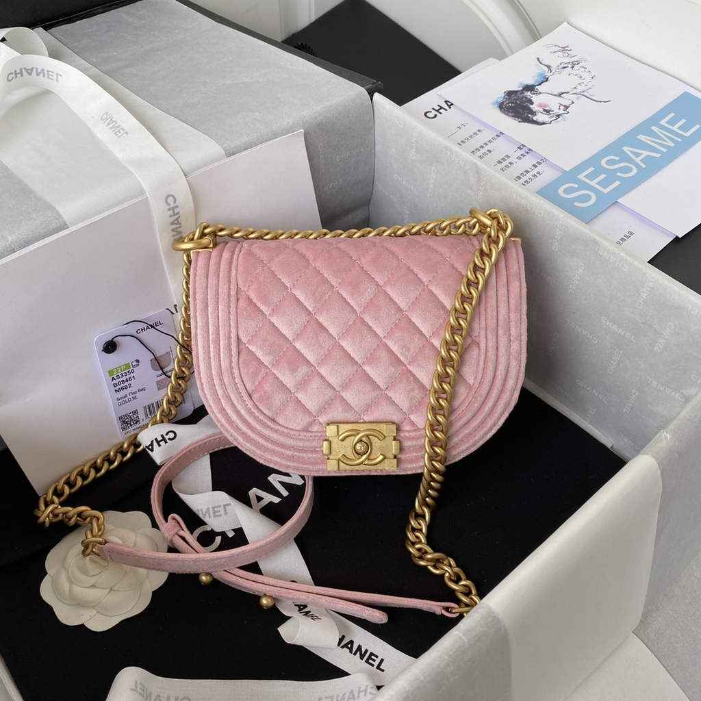 Chanel AS3350 Small BOY Messenger Bag Shearling Lambskin Pink
