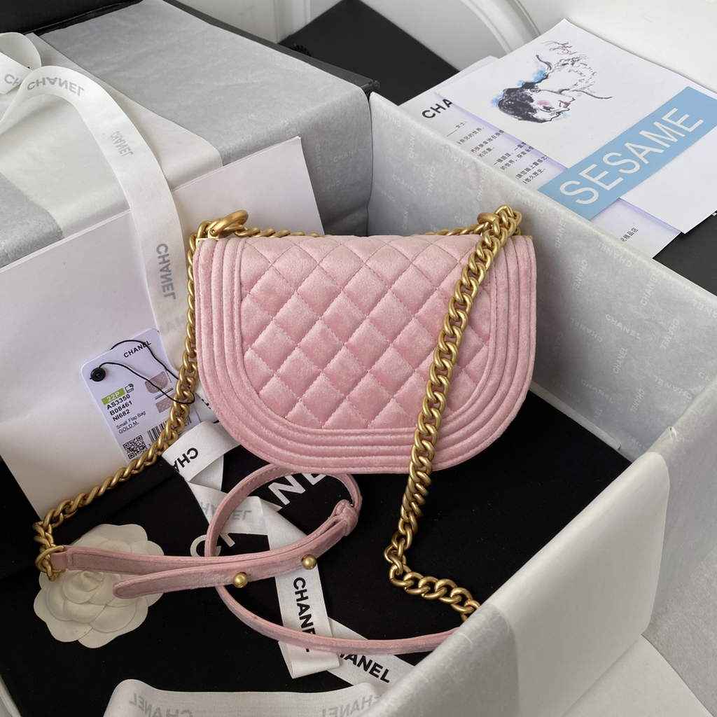 Chanel AS3350 Small BOY Messenger Bag Shearling Lambskin Pink