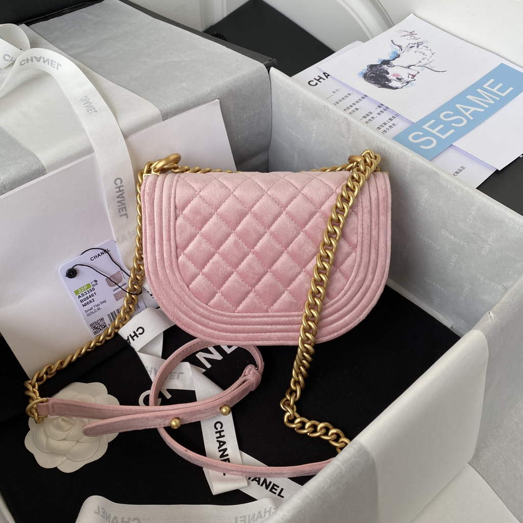 Chanel AS3350 Small BOY Messenger Bag Shearling Lambskin Pink