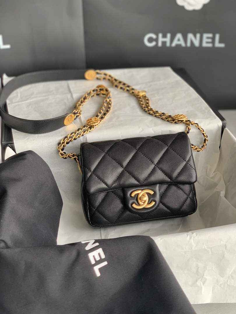 Chanel AS3368 Mini Flap Bag Shiny Calfskin Gold-Tone Metal Black