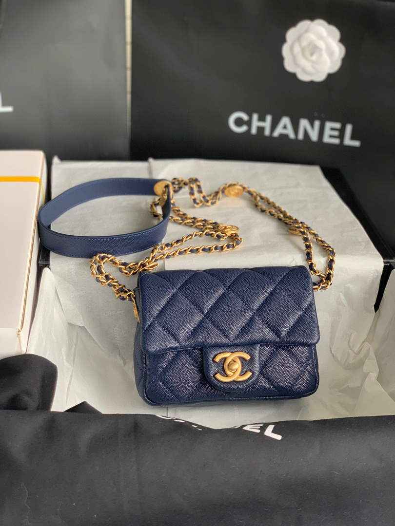Chanel AS3368 Mini Flap Bag Shiny Calfskin Gold-Tone Metal Navy Blue