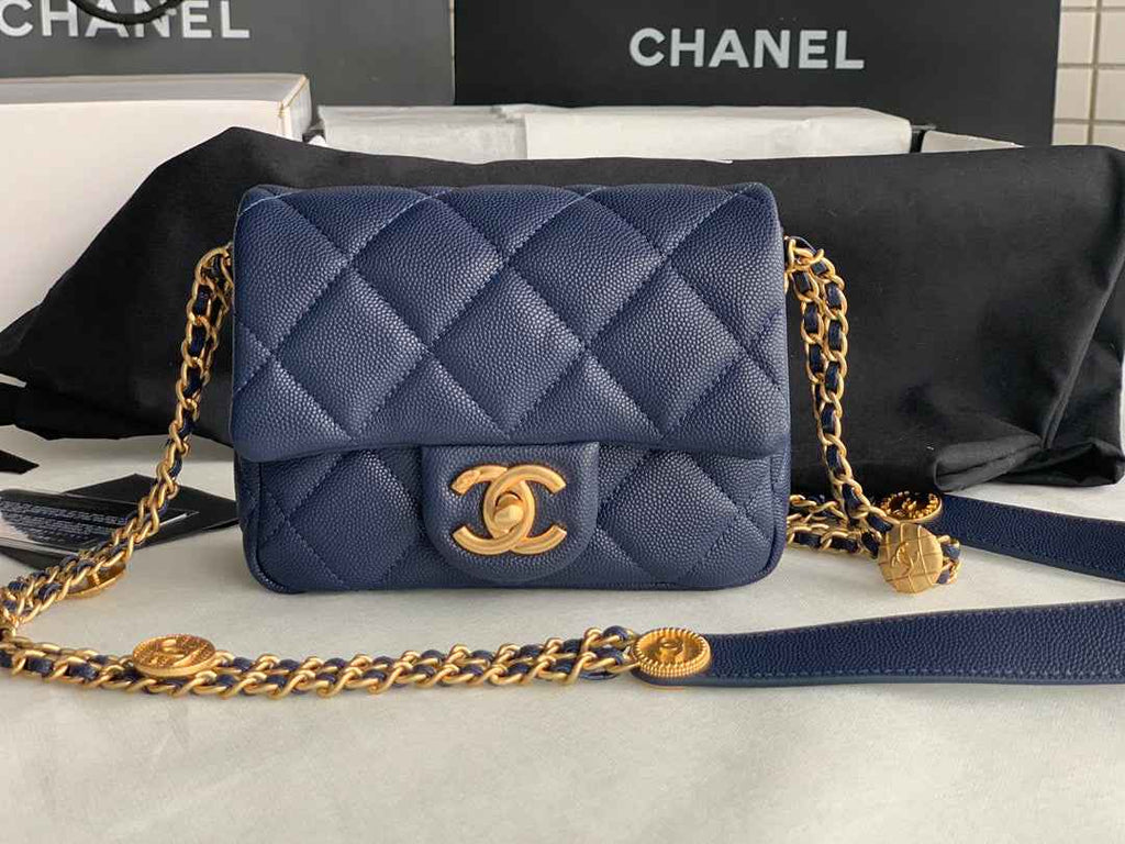 Chanel AS3368 Mini Flap Bag Shiny Calfskin Gold-Tone Metal Navy Blue