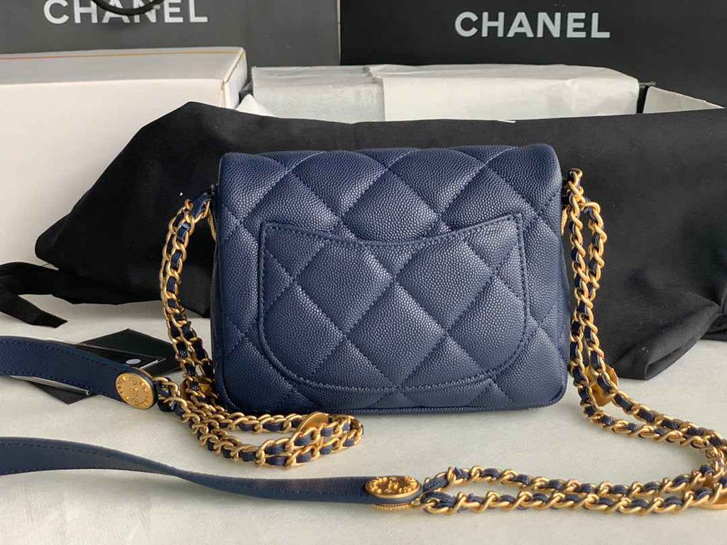 Chanel AS3368 Mini Flap Bag Shiny Calfskin Gold-Tone Metal Navy Blue