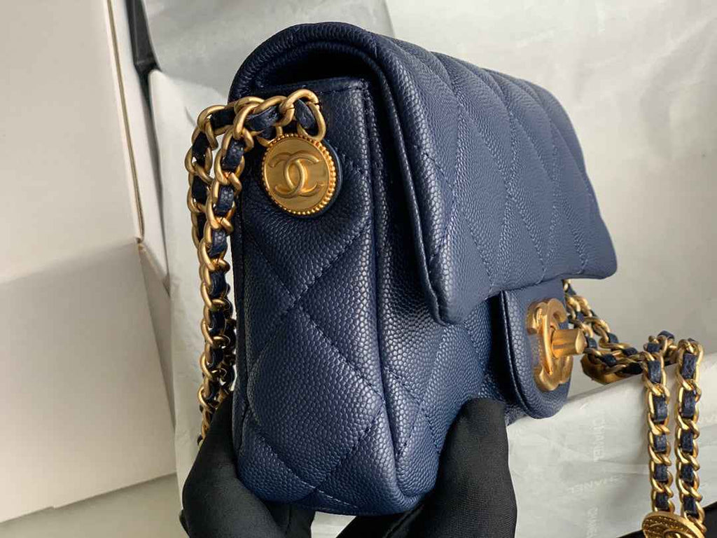 Chanel AS3368 Mini Flap Bag Shiny Calfskin Gold-Tone Metal Navy Blue