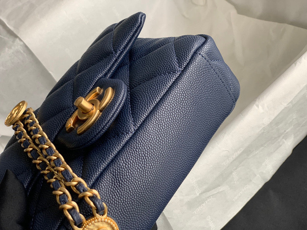 Chanel AS3368 Mini Flap Bag Shiny Calfskin Gold-Tone Metal Navy Blue