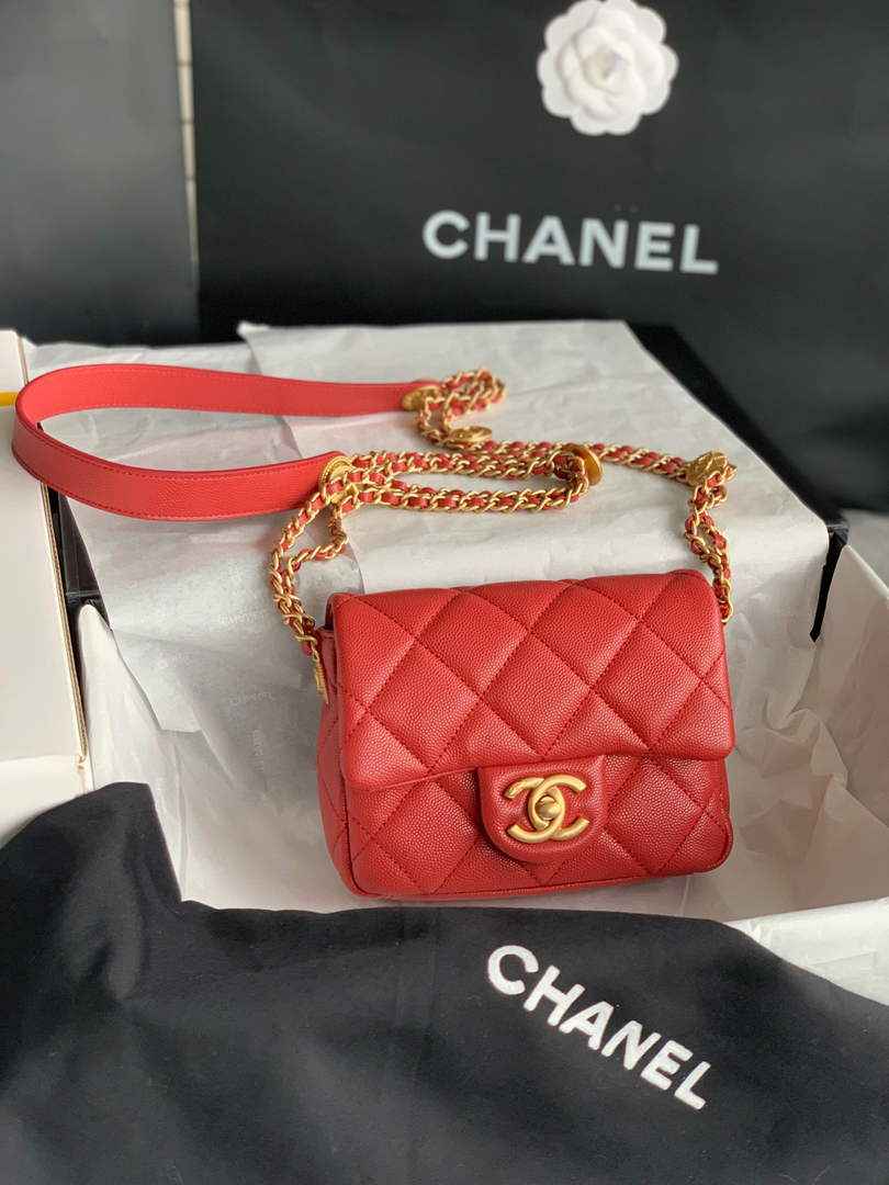 Chanel AS3368 Mini Flap Bag Shiny Calfskin Gold-Tone Metal Red