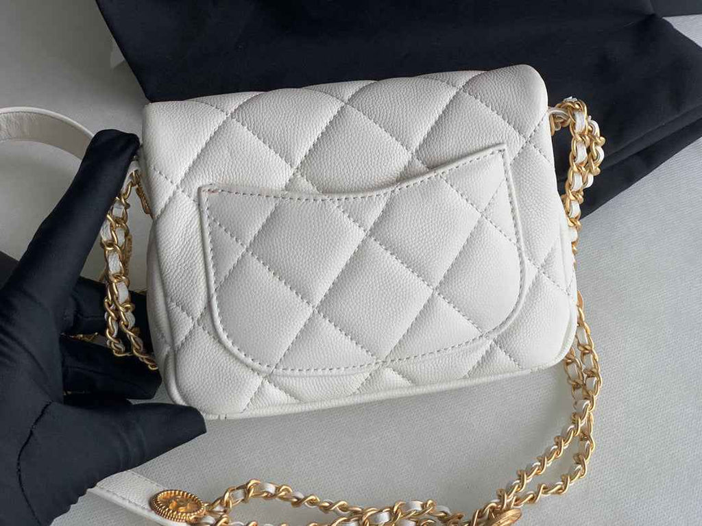 Chanel AS3368 Mini Flap Bag Shiny Calfskin Gold-Tone Metal White