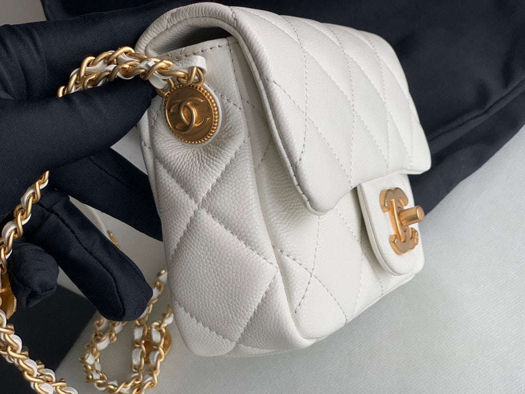 Chanel AS3368 Mini Flap Bag Shiny Calfskin Gold-Tone Metal White
