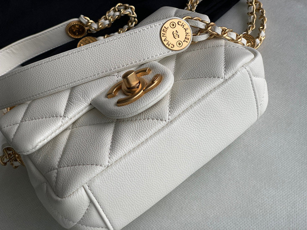 Chanel AS3368 Mini Flap Bag Shiny Calfskin Gold-Tone Metal White
