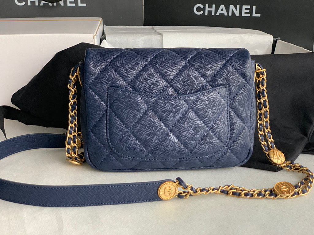 Chanel AS3369 Small Flap Bag Shiny Calfskin Gold-Tone Metal Navy Blue