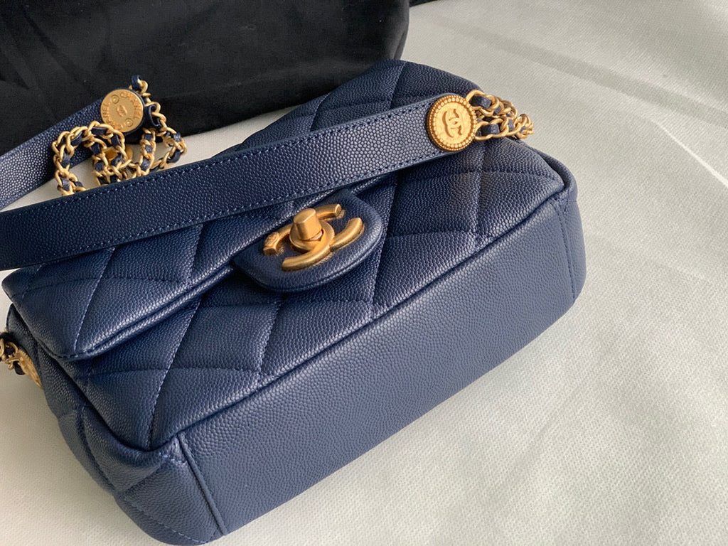 Chanel AS3369 Small Flap Bag Shiny Calfskin Gold-Tone Metal Navy Blue