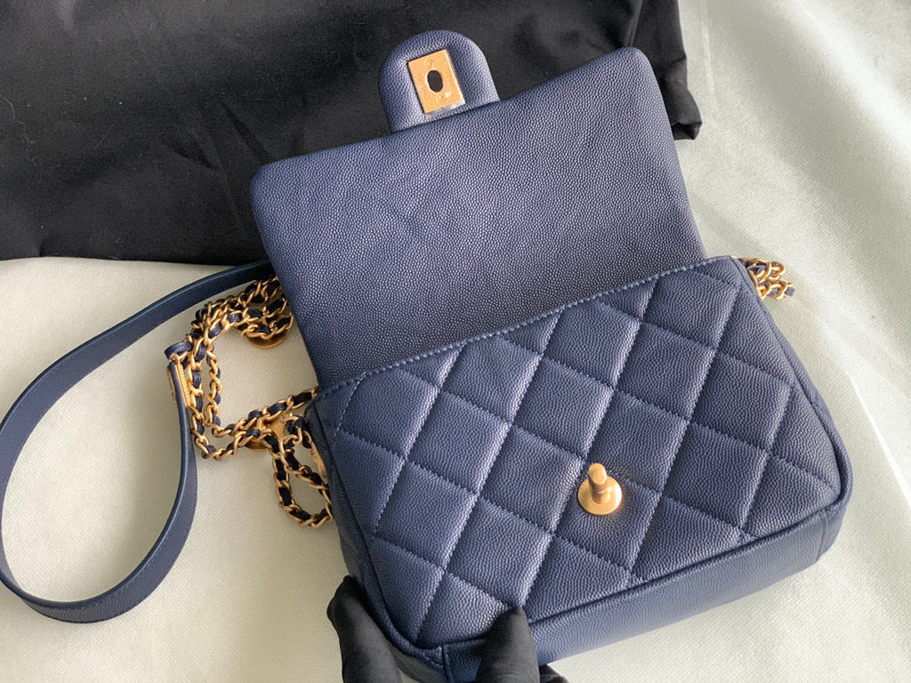 Chanel AS3369 Small Flap Bag Shiny Calfskin Gold-Tone Metal Navy Blue