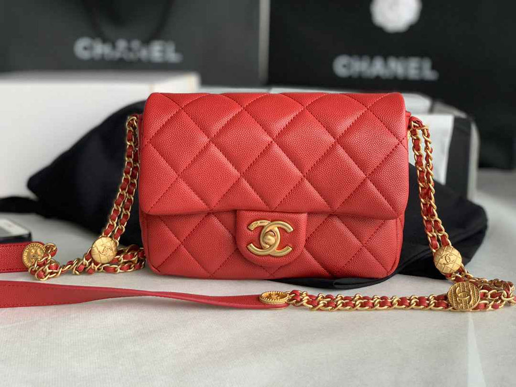 Chanel AS3369 Small Flap Bag Shiny Calfskin Gold-Tone Metal Red