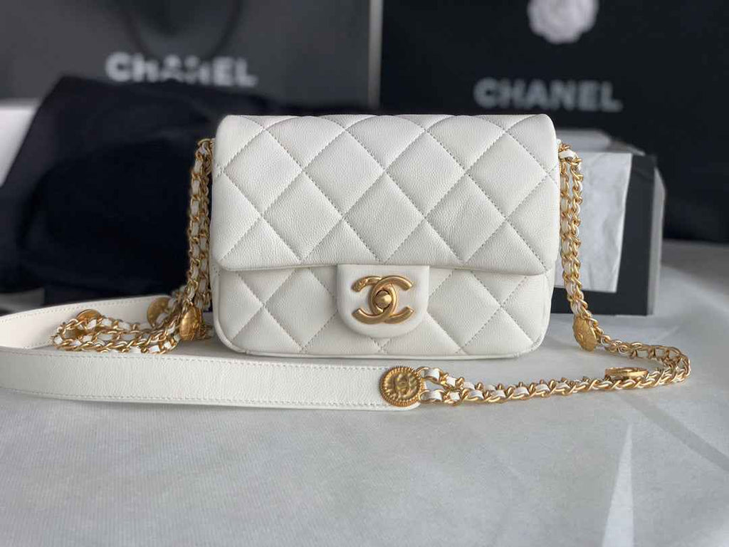 Chanel AS3369 Small Flap Bag Shiny Calfskin Gold-Tone Metal White