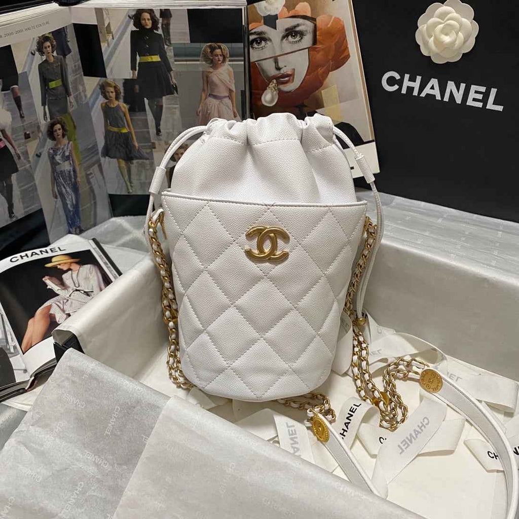 Chanel AS3371 Small Bucket Bag Calfskin White