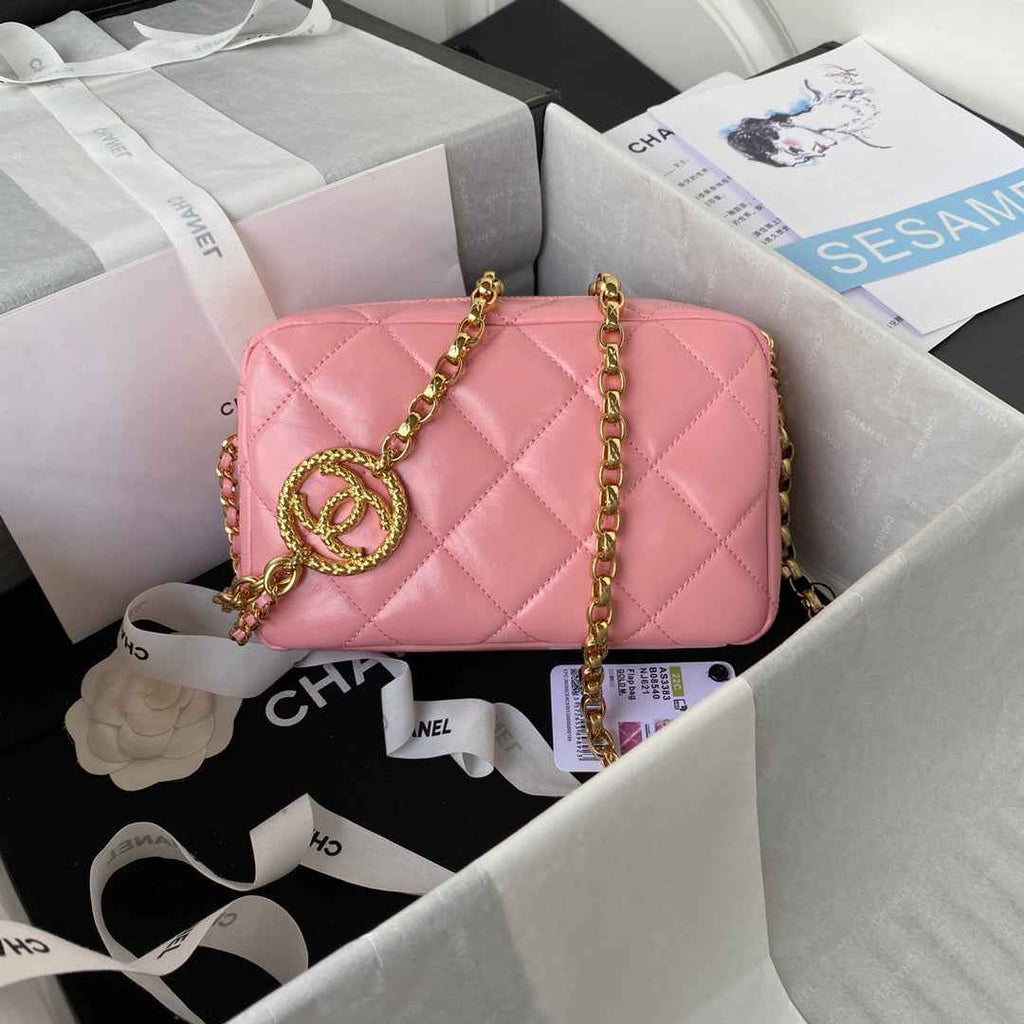 Chanel AS3383 Mini Camera Case Metallic Calfskin Gold-Tone Plum
