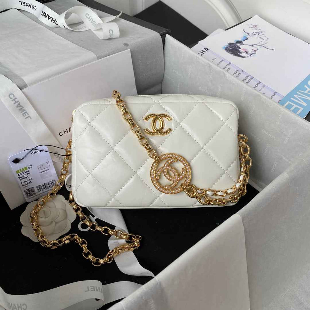 Chanel AS3383 Mini Camera Case Metallic Calfskin Gold-Tone White
