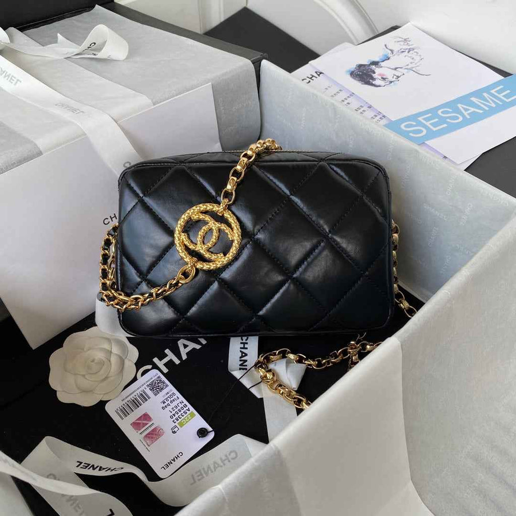 Chanel AS3383 Mini Camera Case Metallic Calfskin Gold-Tone Black