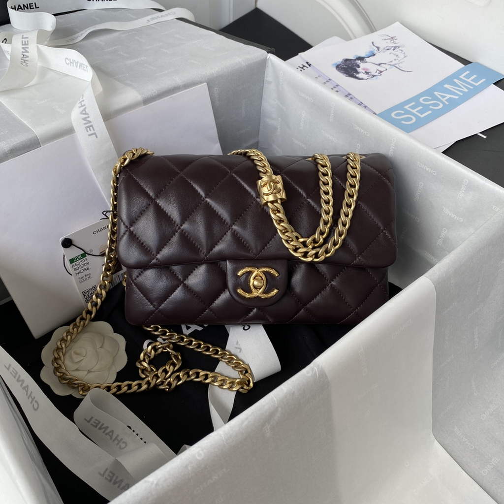 Chanel AS3393 Small Flap Bag Lambskin dark brown