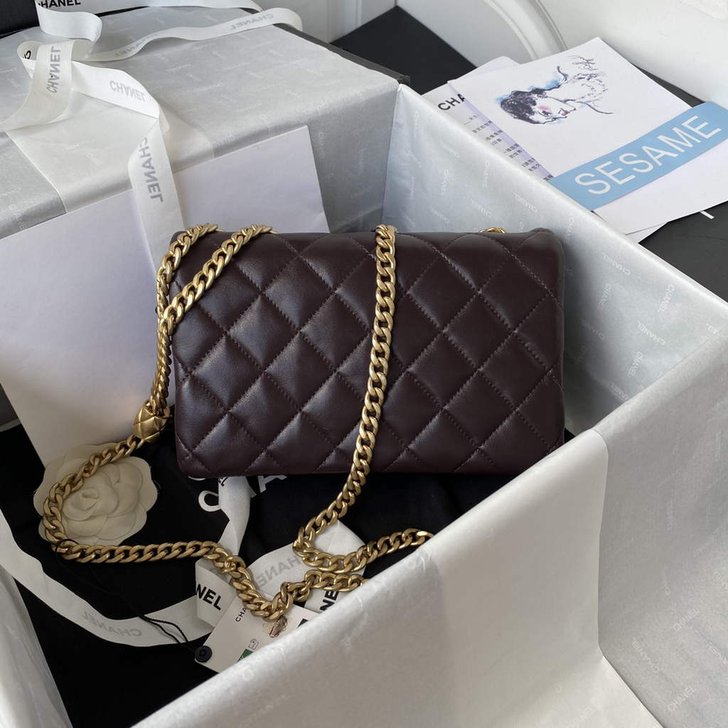 Chanel AS3393 Small Flap Bag Lambskin dark brown