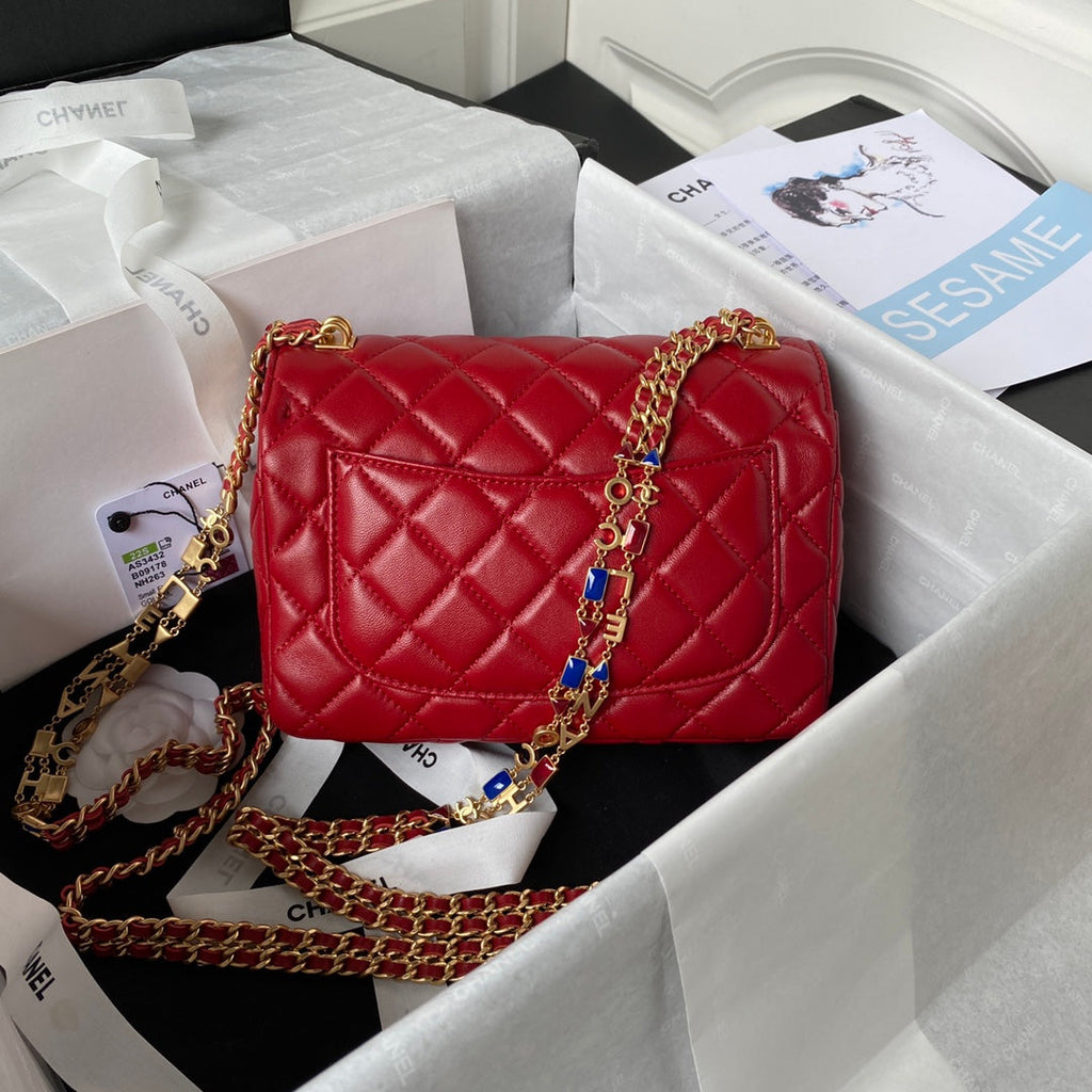 Chanel AS3432 Tote Flap Bag Red Lambskin Gold-tone metal