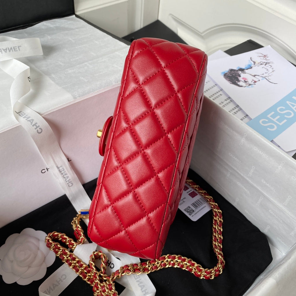 Chanel AS3432 Tote Flap Bag Red Lambskin Gold-tone metal