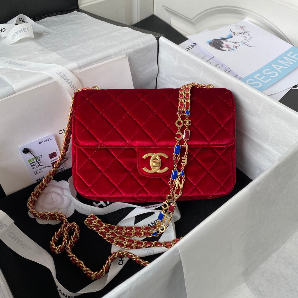 Chanel AS3432 Tote Flap Bag Red Velvet Gold-tone metal