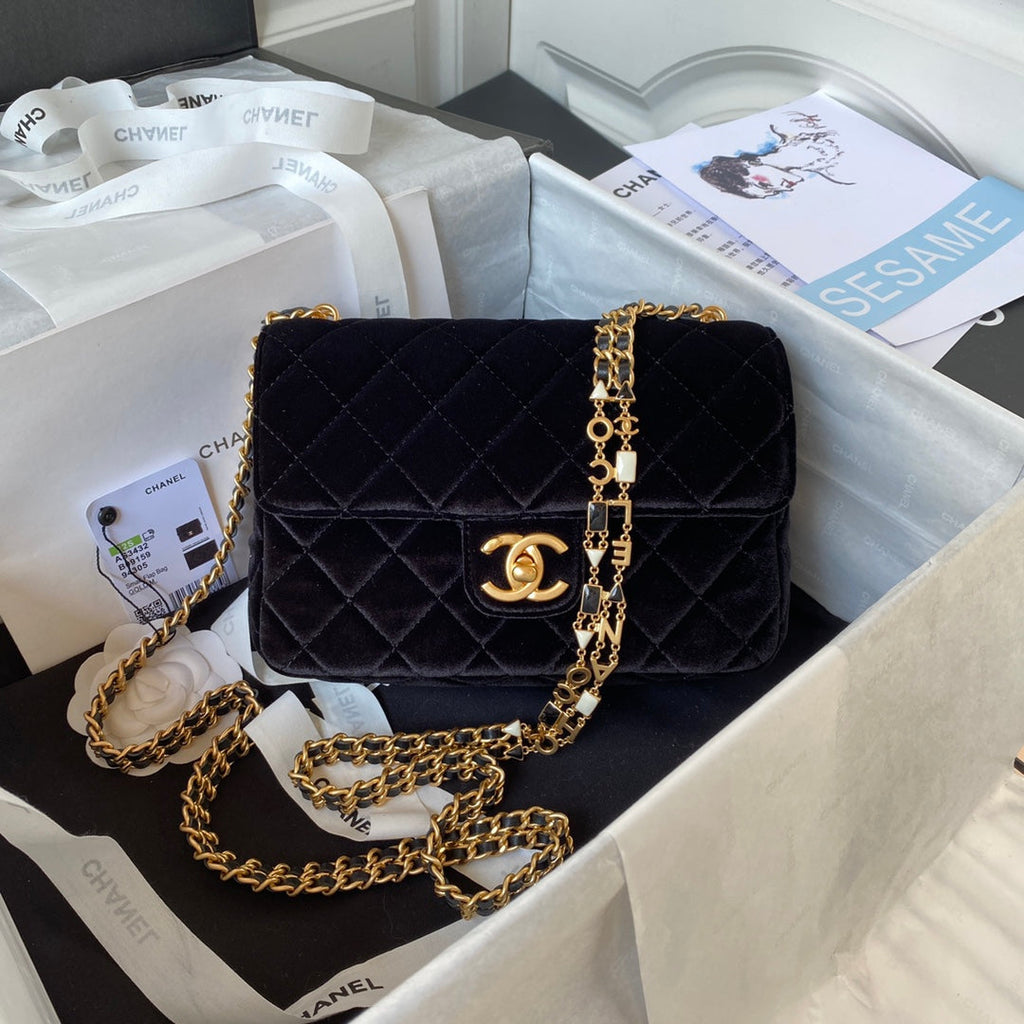 Chanel AS3432 Tote Flap Bag Black Velvet Gold-tone metal