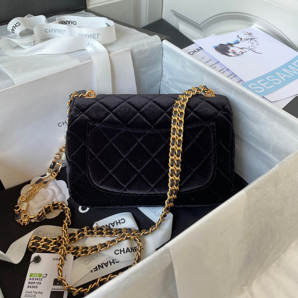 Chanel AS3432 Tote Flap Bag Black Velvet Gold-tone metal