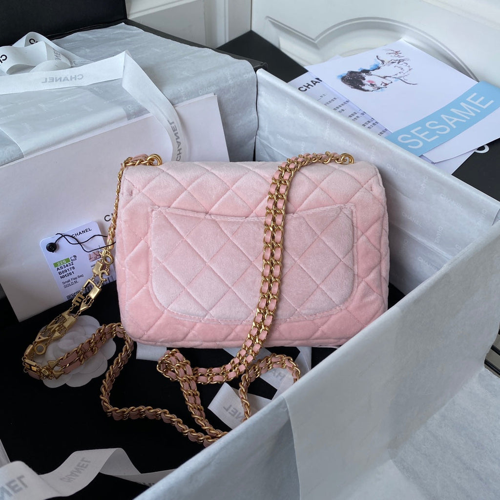 Chanel AS3432 Tote Flap Bag Pink Velvet Gold-tone metal