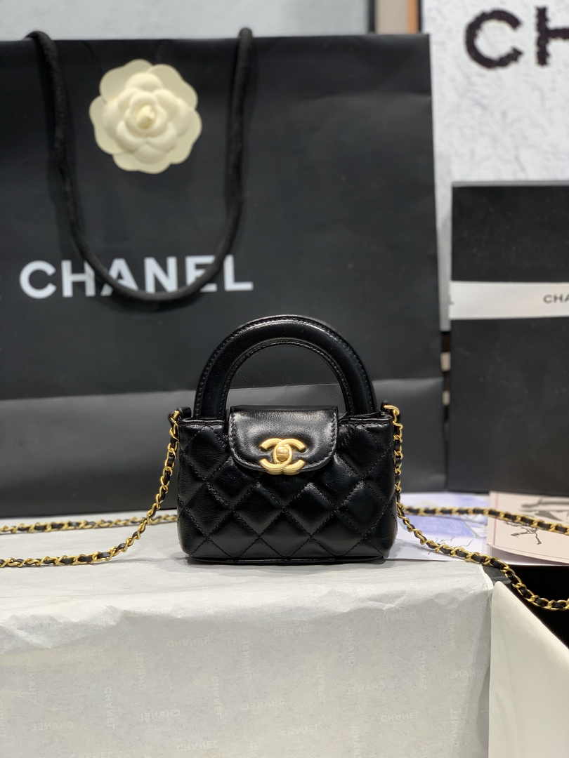 Chanel AS3435 Mini Shopping Bag Black Shiny Aged Calfskin Gold
