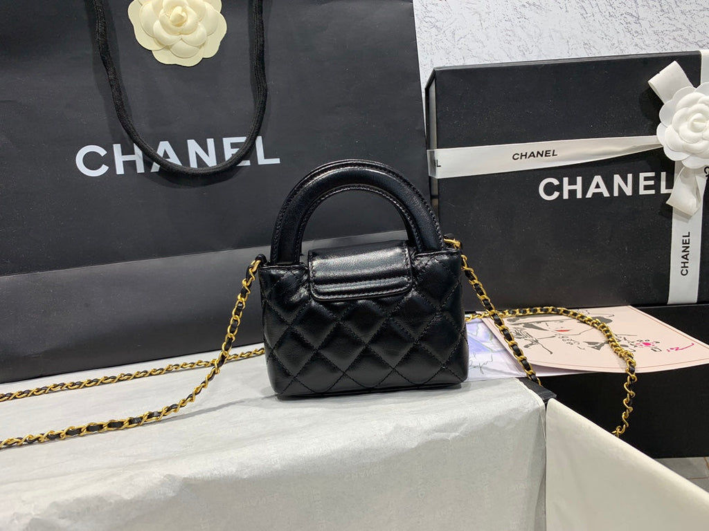 Chanel AS3435 Mini Shopping Bag Black Shiny Aged Calfskin Gold