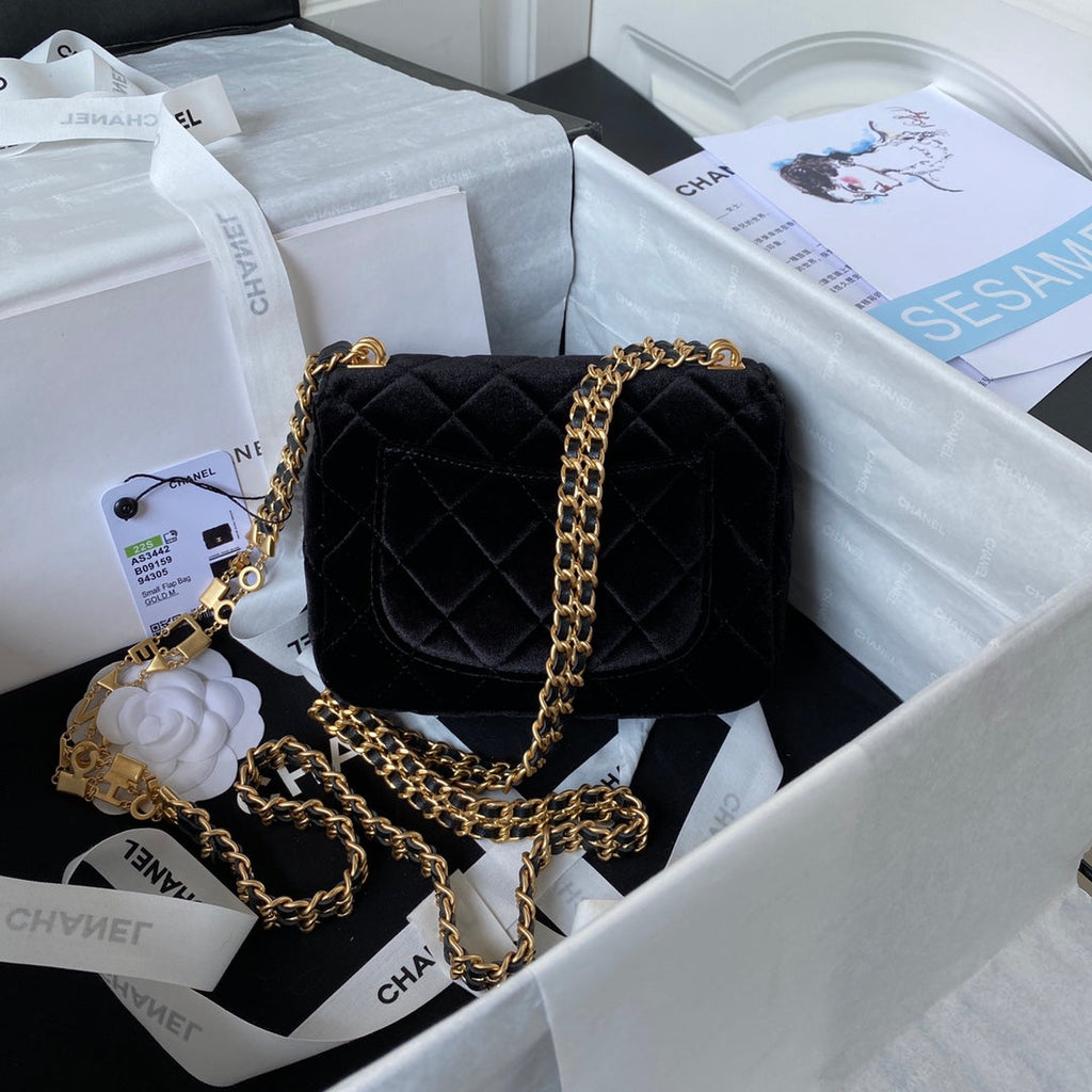 Chanel AS3442 Tote Mini Flap Bag Black Velvet Gold-tone metal