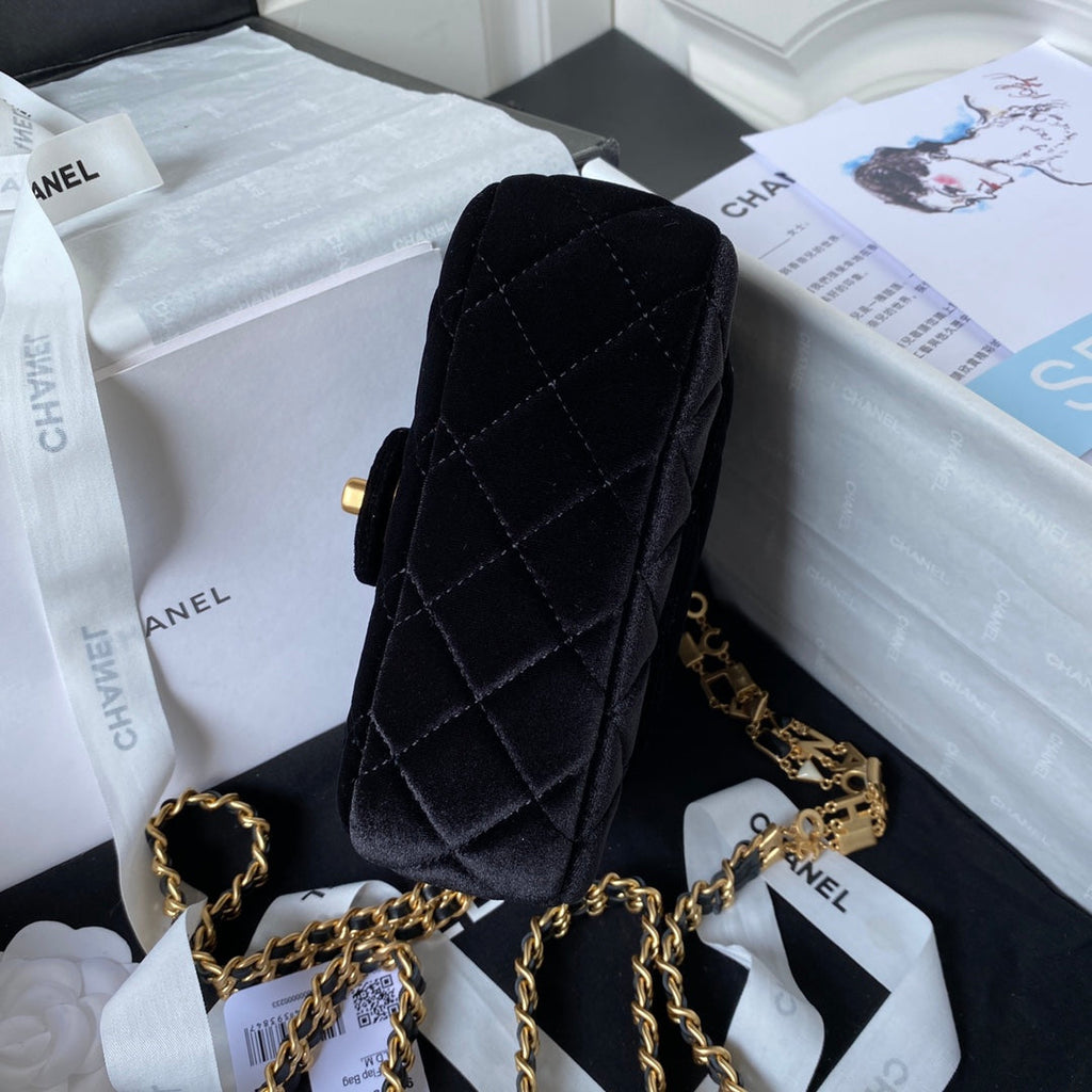 Chanel AS3442 Tote Mini Flap Bag Black Velvet Gold-tone metal