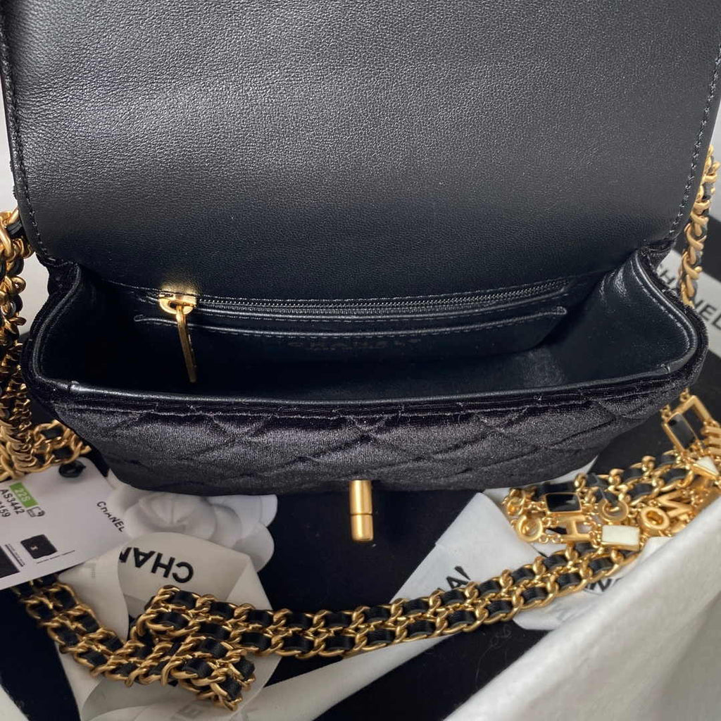 Chanel AS3442 Tote Mini Flap Bag Black Velvet Gold-tone metal
