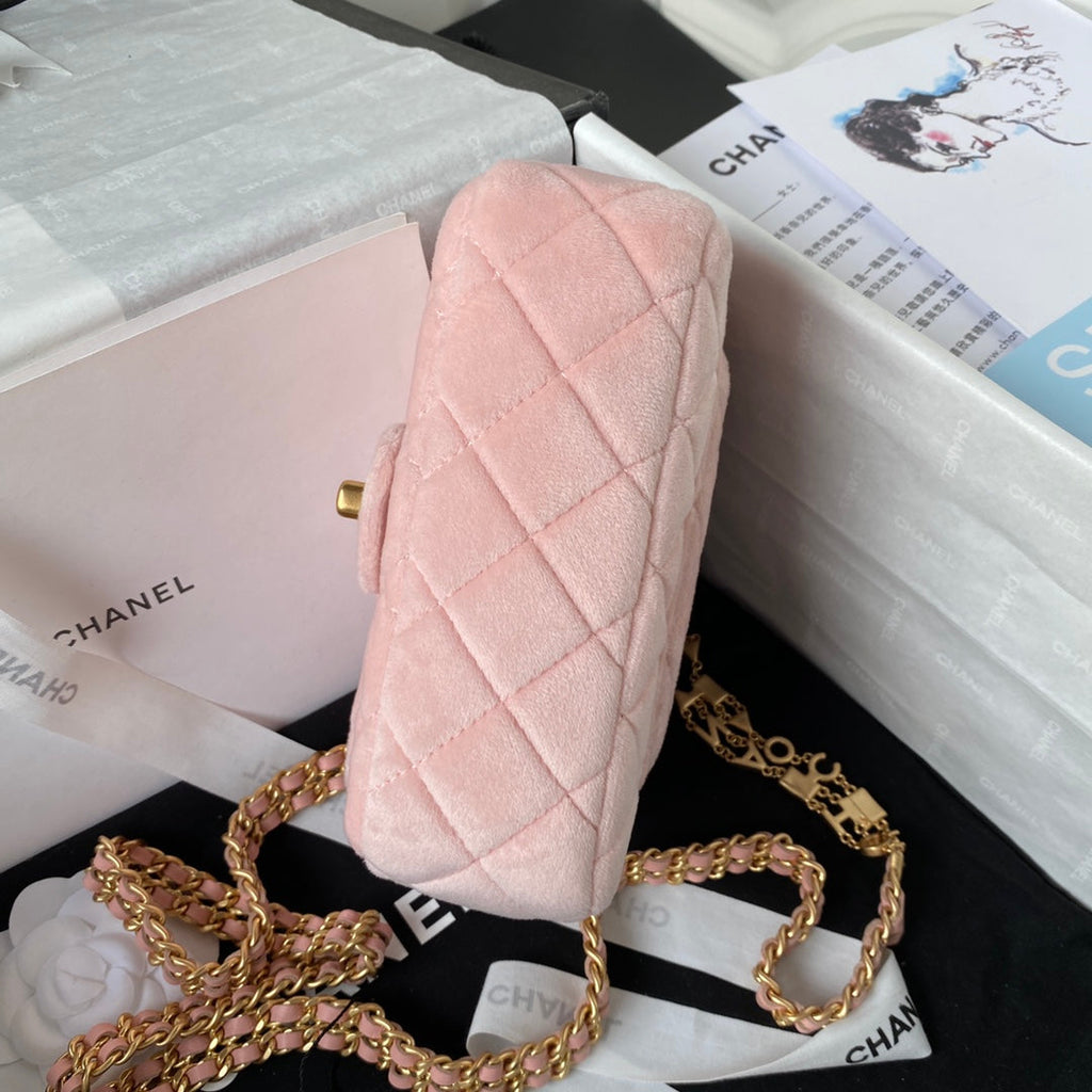 Chanel AS3442 Tote Mini Flap Bag Pink Velvet Gold-tone metal