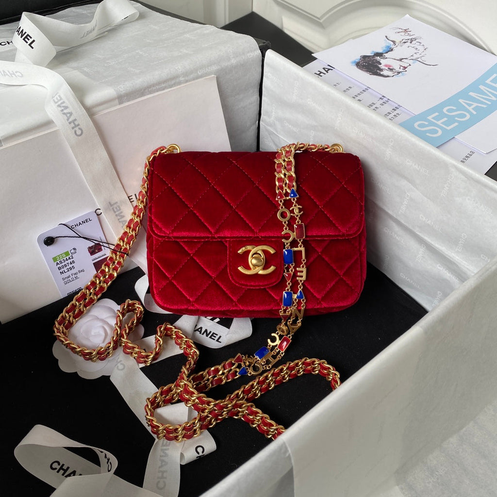 Chanel AS3442 Tote Mini Flap Bag Red Velvet Gold-tone metal