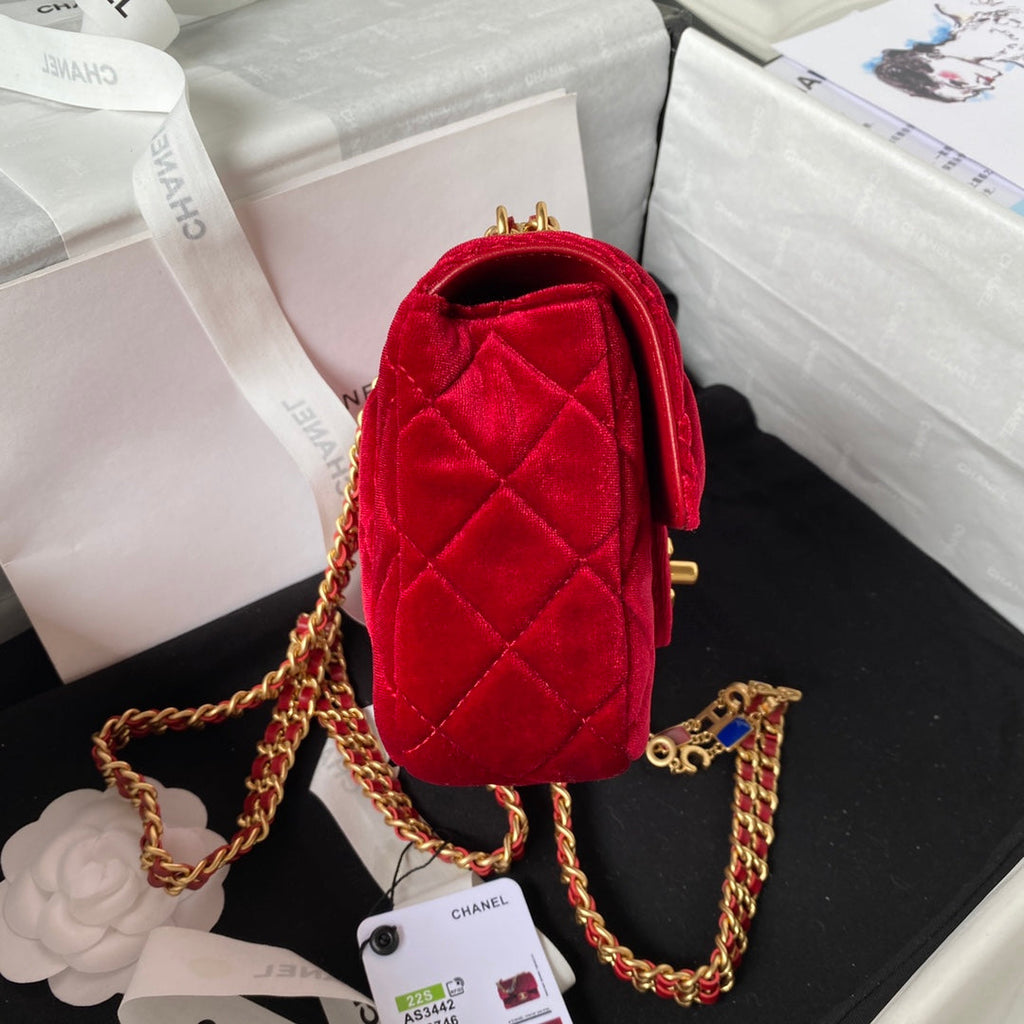 Chanel AS3442 Tote Mini Flap Bag Red Velvet Gold-tone metal