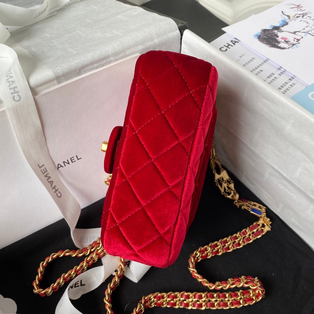 Chanel AS3442 Tote Mini Flap Bag Red Velvet Gold-tone metal
