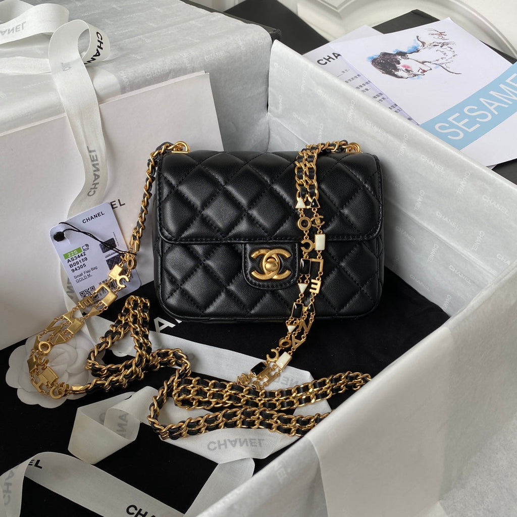 Chanel AS3442 Tote Mini Flap Bag Black Lambskin Gold-tone metal