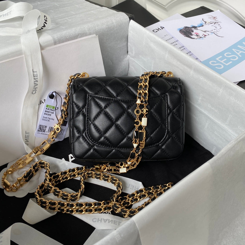 Chanel AS3442 Tote Mini Flap Bag Black Lambskin Gold-tone metal