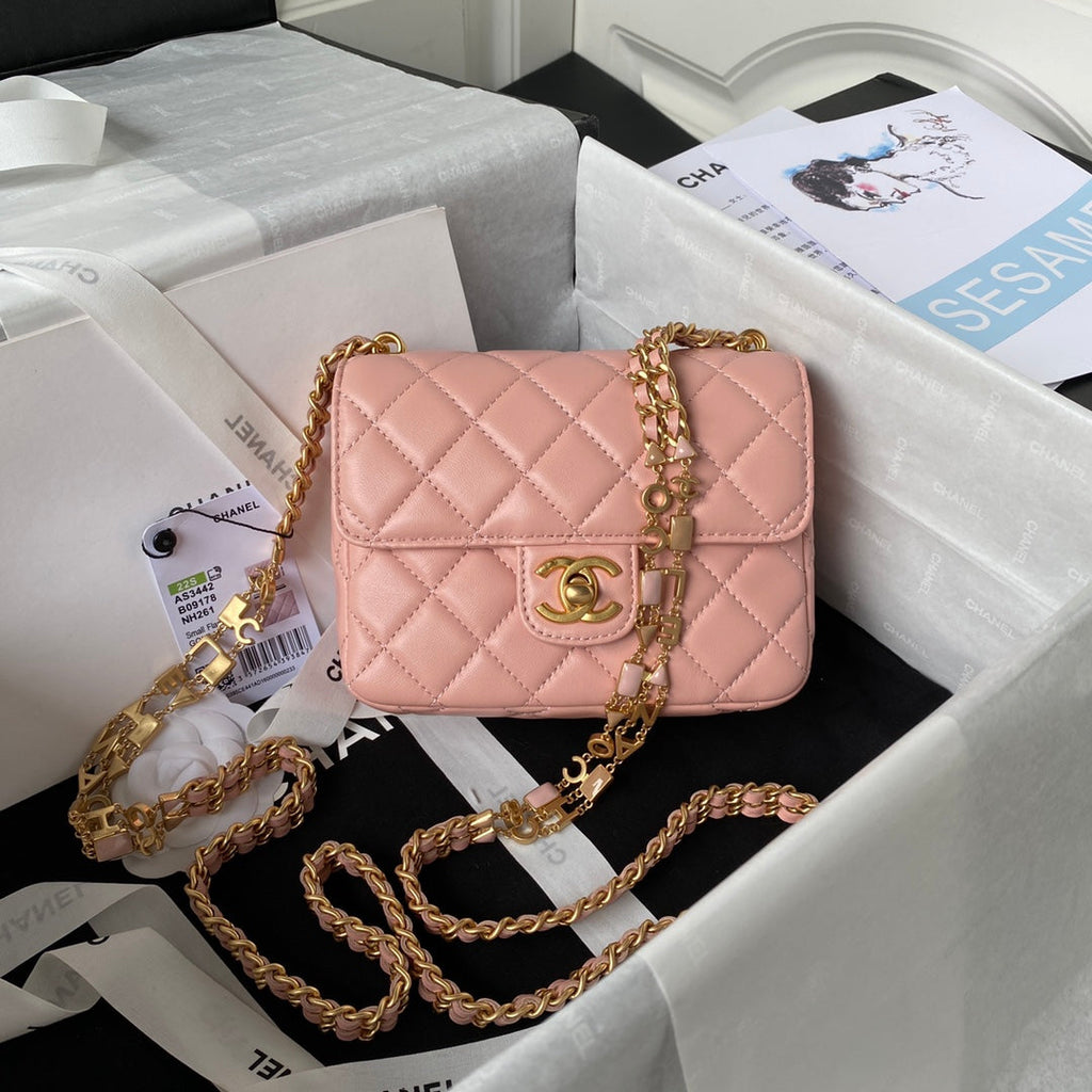 Chanel AS3442 Tote Mini Flap Bag Pink Lambskin Gold-tone metal