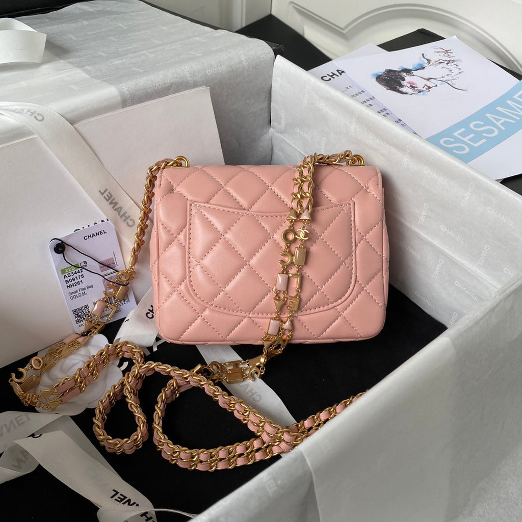 Chanel AS3442 Tote Mini Flap Bag Pink Lambskin Gold-tone metal