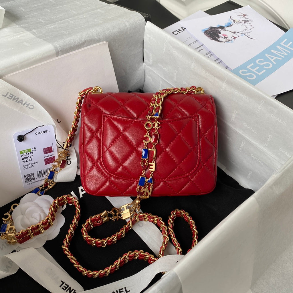 Chanel AS3442 Tote Mini Flap Bag Red Lambskin Gold-tone metal