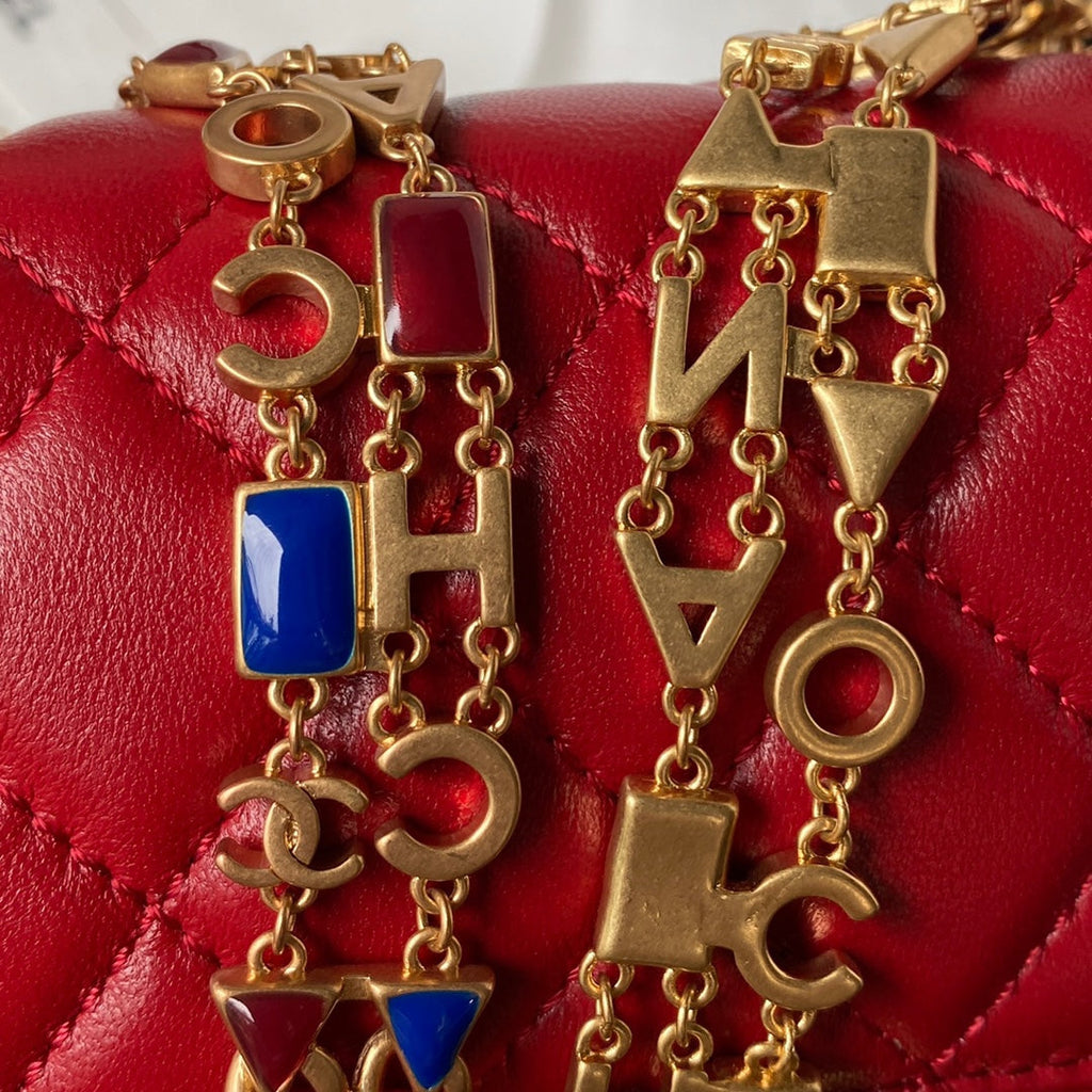 Chanel AS3442 Tote Mini Flap Bag Red Lambskin Gold-tone metal