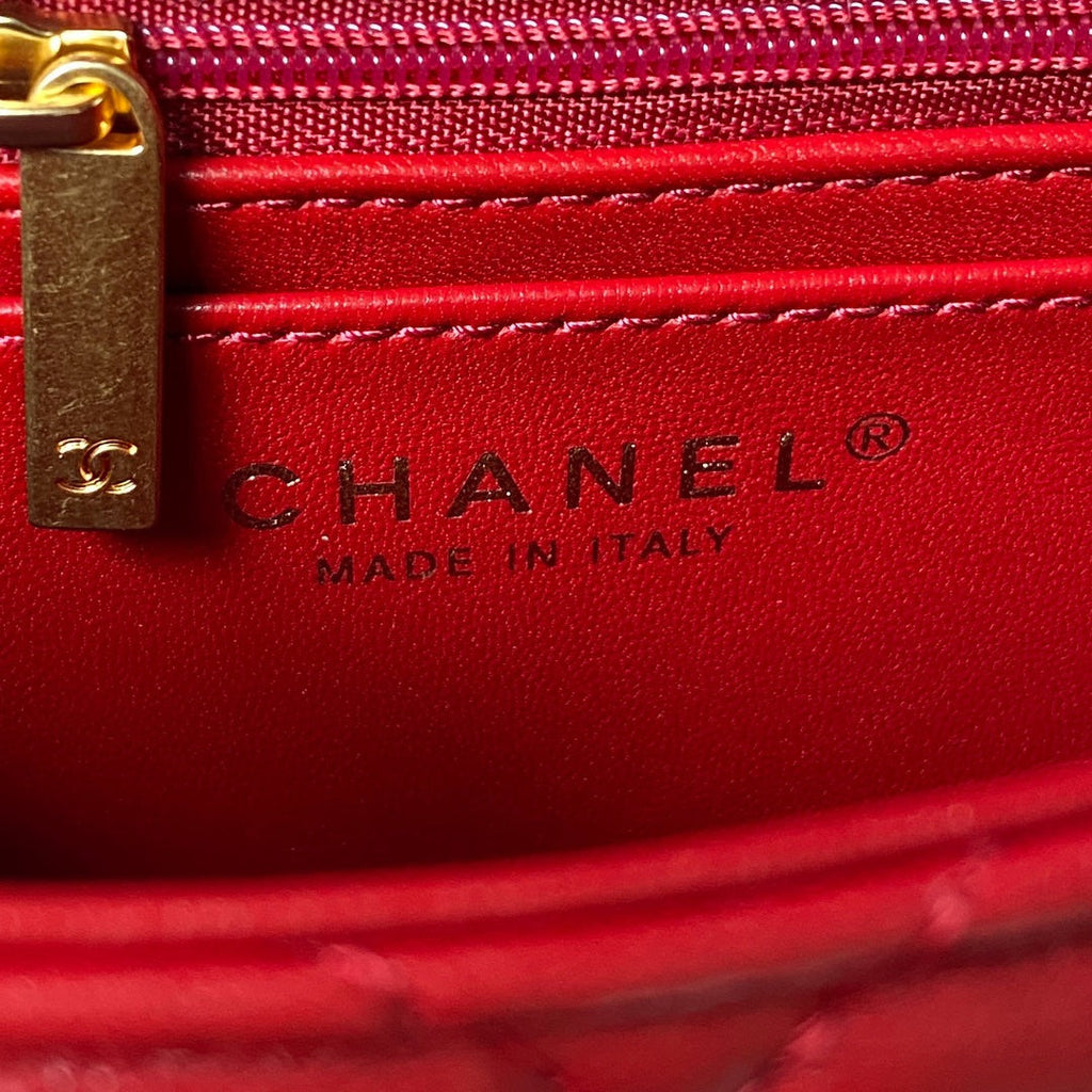 Chanel AS3442 Tote Mini Flap Bag Red Lambskin Gold-tone metal