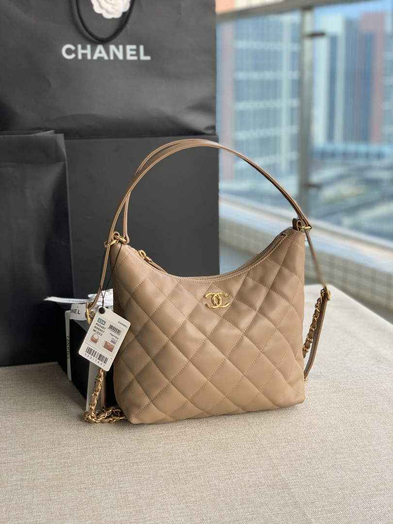 Chanel AS3487 Shoulder Tote Bag Lambskin Apricot