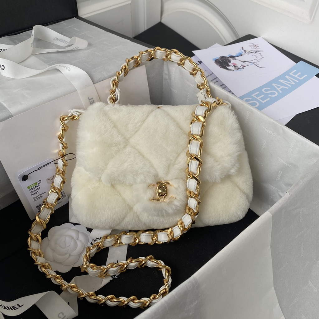 Chanel AS3498 Small Flap Bag wool Lambskin in White